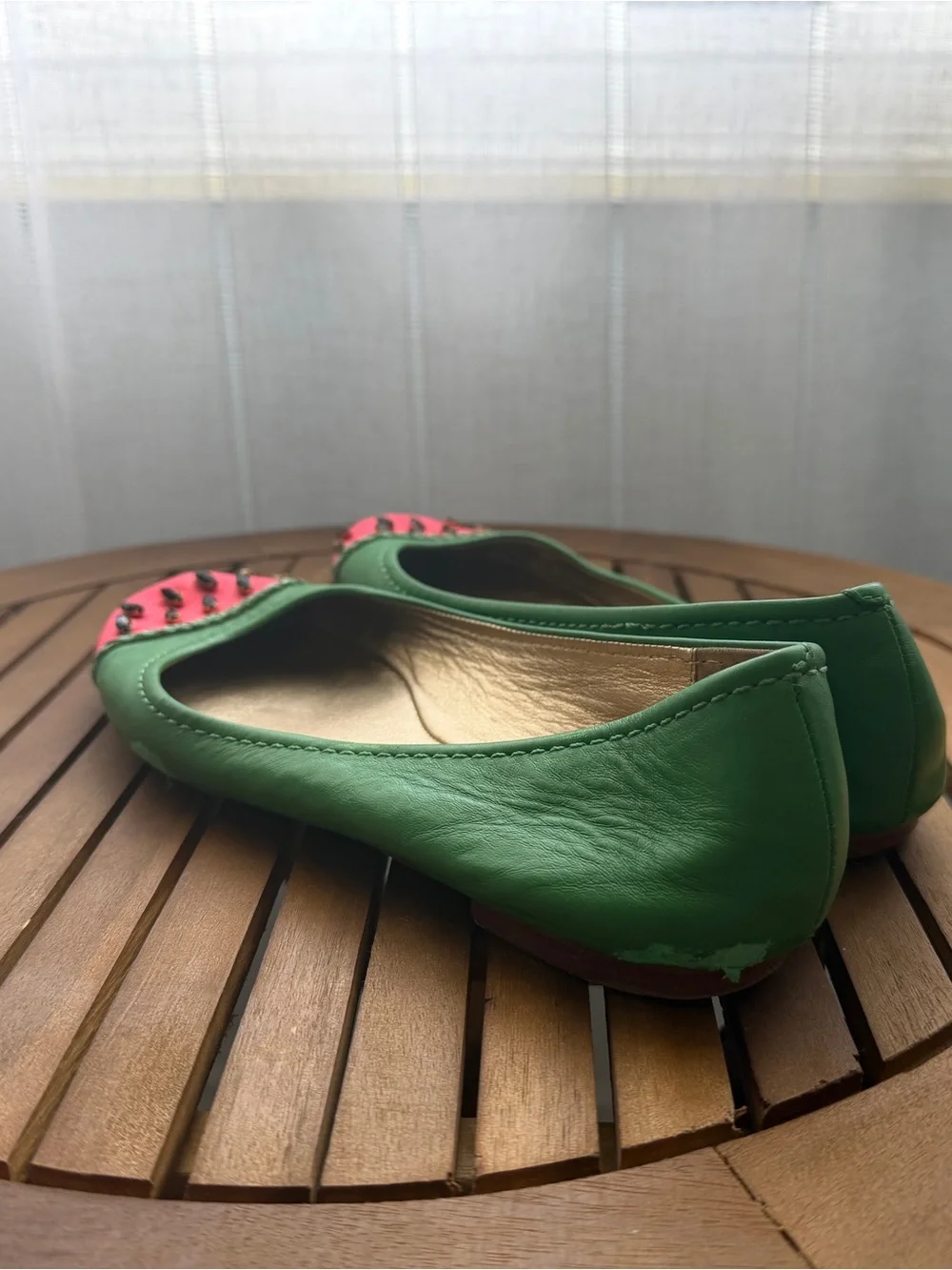 kate spade Green Leather Ballet Flats with Pink Studded Cap